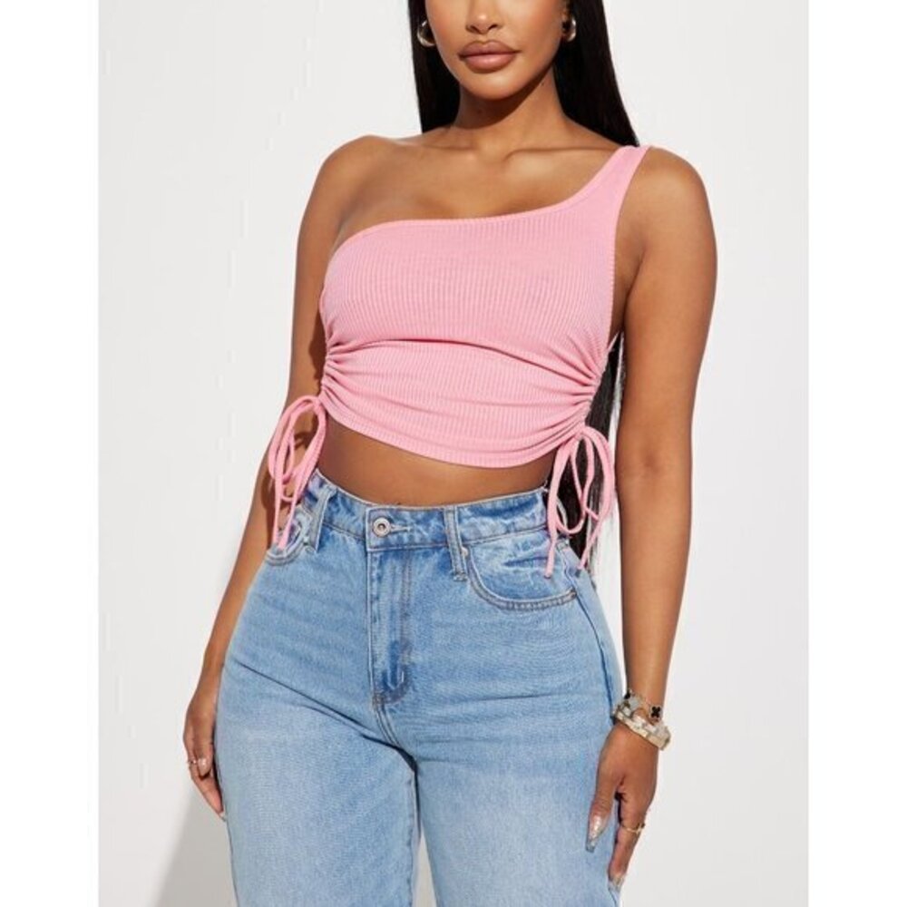 Timing Pink One Shoulder Drawstring Detail Cropped Top Size‎ M RefFNB